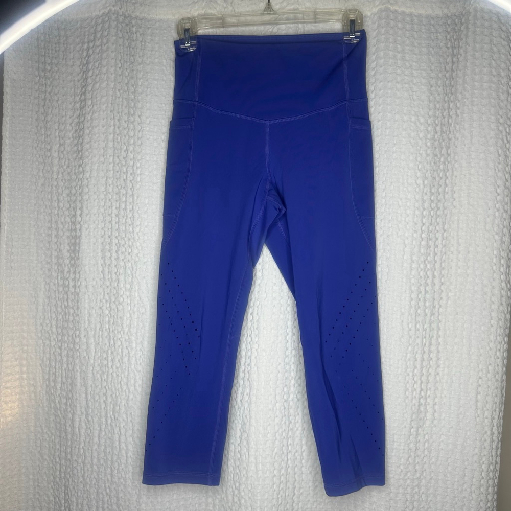 Women's S Champion Blue Cropped Athletic Leggings w Pockets & Leg Cutout Dots